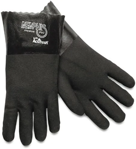 MCR Safety 6212SJ Double Dipped PVC Jersey Lined Sandpaper Finish Men's Gloves with 12-Inch Gauntlet, Black, Large, 1-Pair