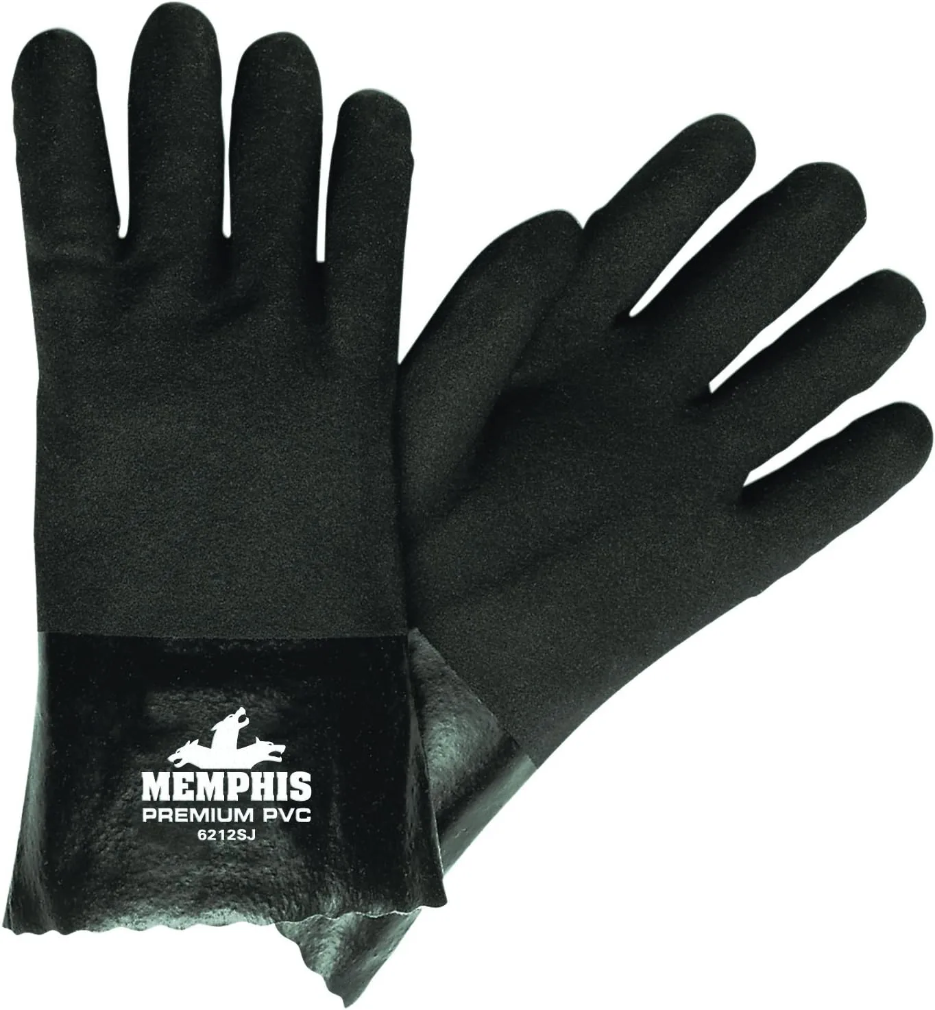 MCR Safety 6212SJ Double Dipped PVC Jersey Lined Sandpaper Finish Men's Gloves with 12-Inch Gauntlet, Black, Large, 1-Pair