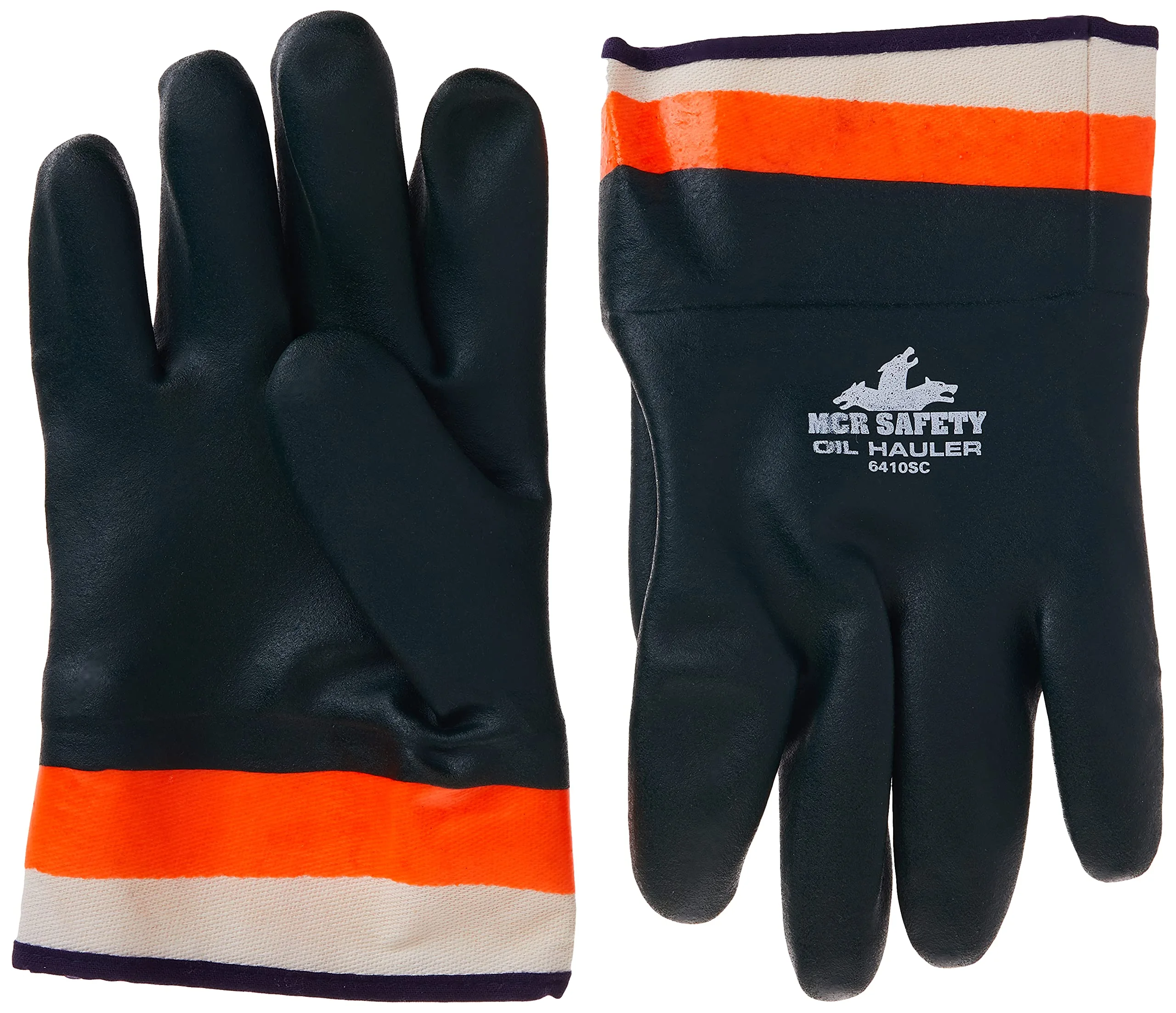 MCR Safety 6410SC Double-Dipped PVC Jersey Lined Sandpaper Finish Men's Gloves with Plasticized Safety Cuff, Green/Orange