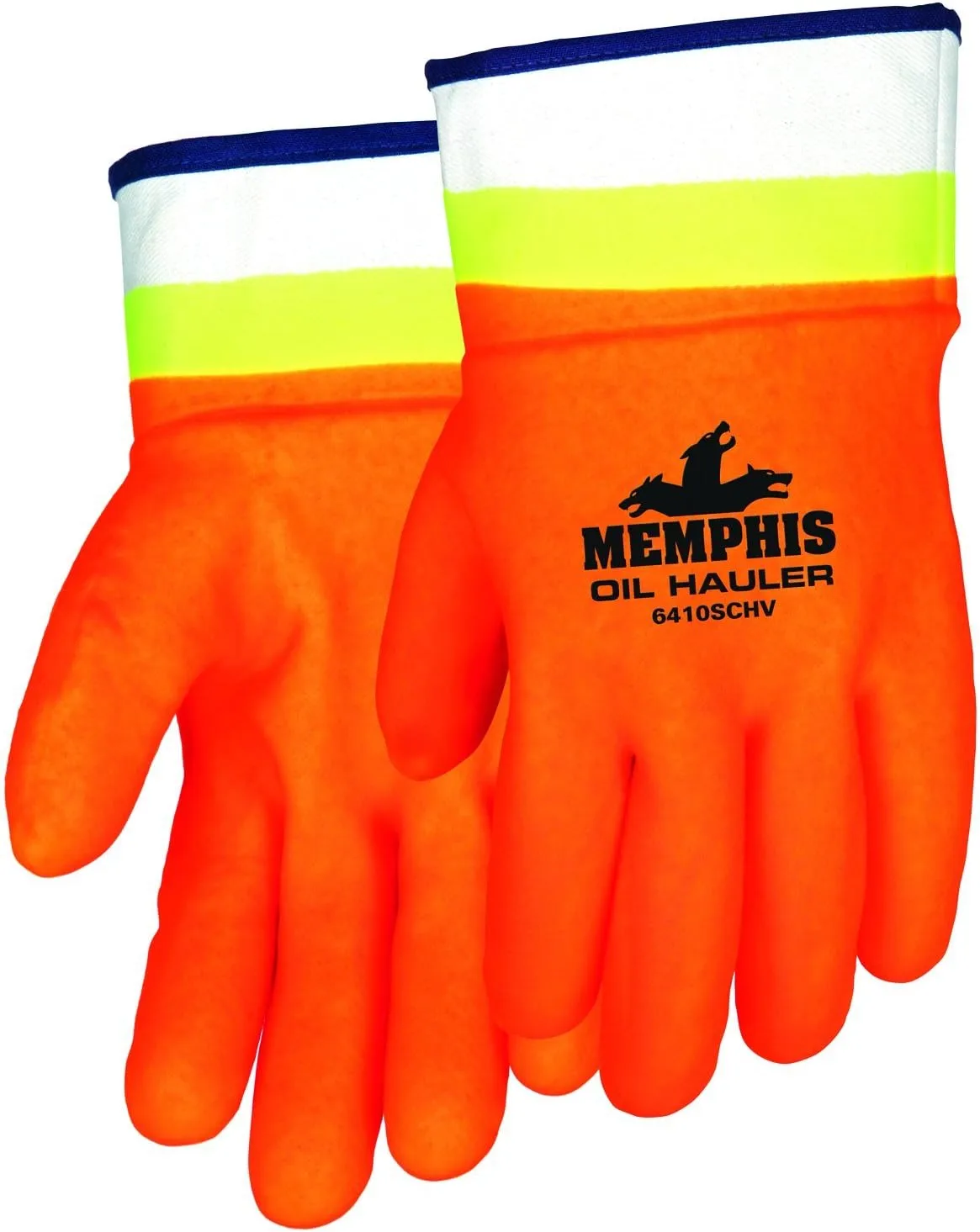 MCR Safety 6410SCHV Premium Double-Dipped Hi-Viz PVC Jersey Lined Sandpaper Finish Men's Gloves with Plasticized Safety Cuff