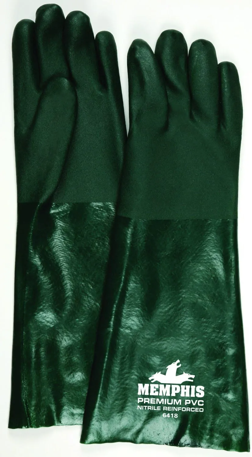 MCR Safety 6418 Memphis 18" Premium Double Dipped PVC Nitrile Reinforced Gloves, Jersey Lined with Sandy Finish, Large