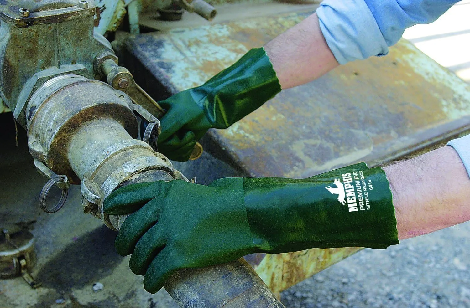 MCR Safety 6418 Memphis 18" Premium Double Dipped PVC Nitrile Reinforced Gloves, Jersey Lined with Sandy Finish, Large