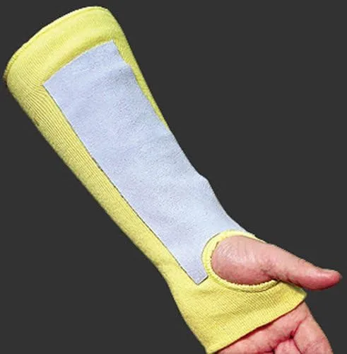 MCR Safety 9374TL Kevlar Regular Weight 36 Gauge Plain Sleeve with Thumb-Slot and Leather Pad, Yellow, 14-Inch
