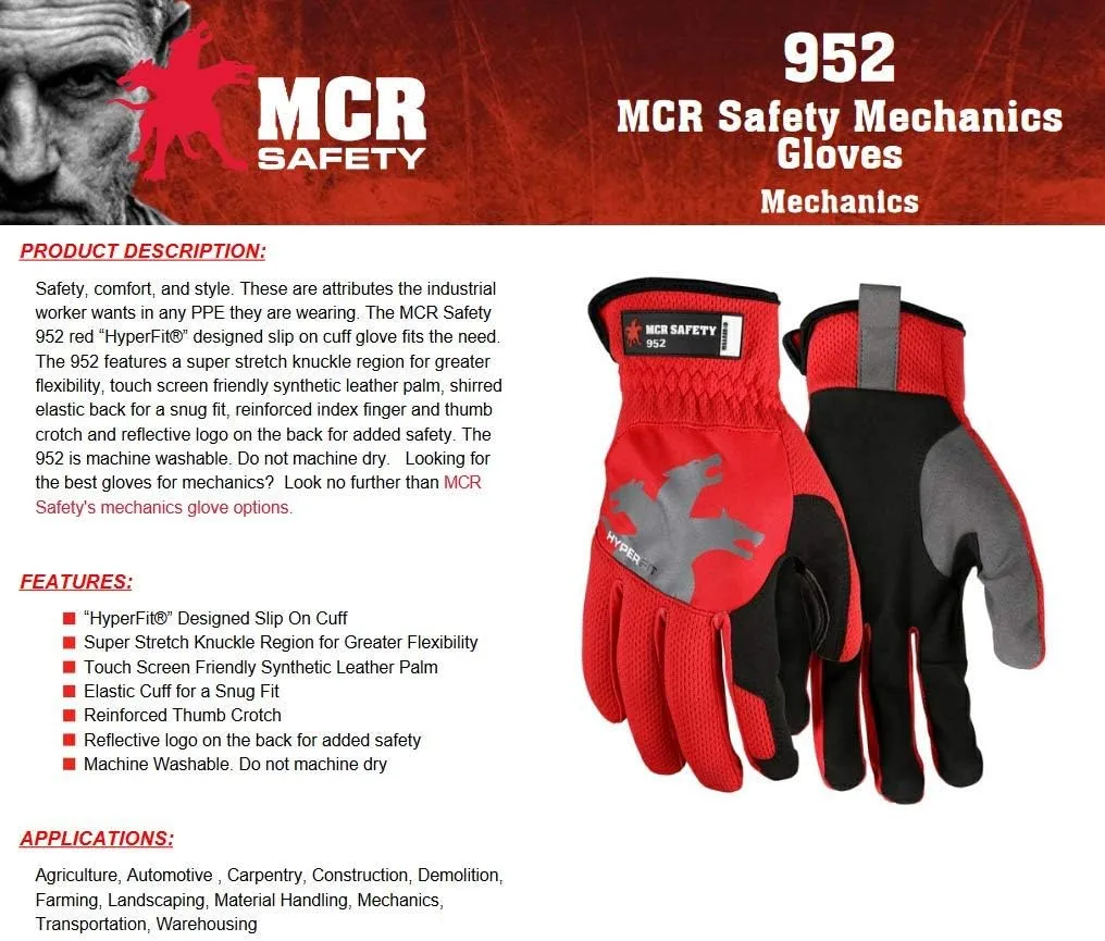 MCR SAFETY 952 HyperFit Mechanics Work Gloves, Synthetic Leather Palm, Reflective Logo