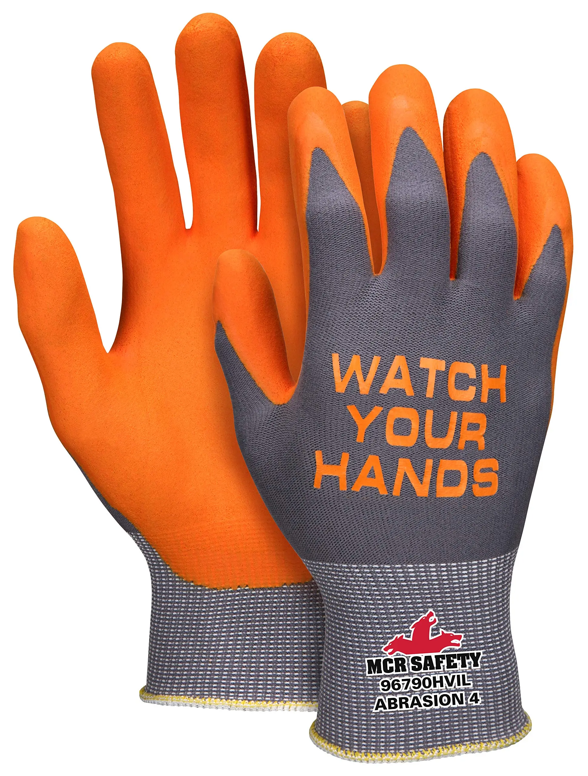 MCR SAFETY 96790HVI 15-Gauge Nylon Nitrile Foam Work Gloves with Watch Your Hands Logo
