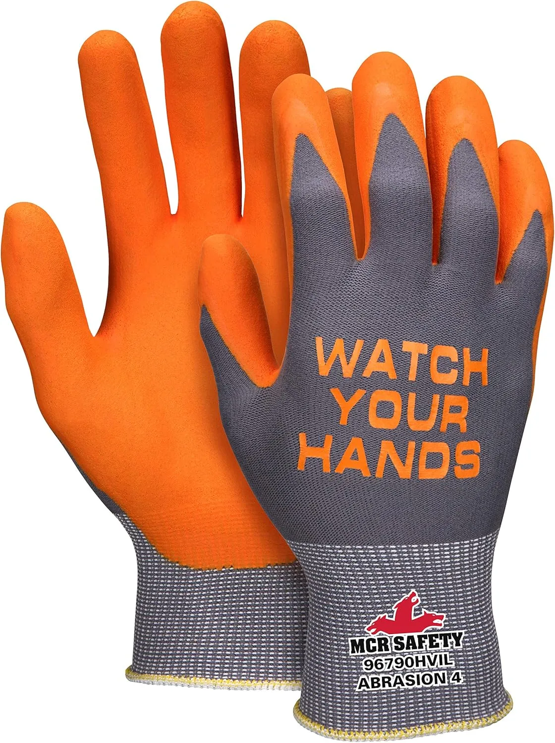 MCR SAFETY 96790HVI 15-Gauge Nylon Nitrile Foam Work Gloves with Watch Your Hands Logo