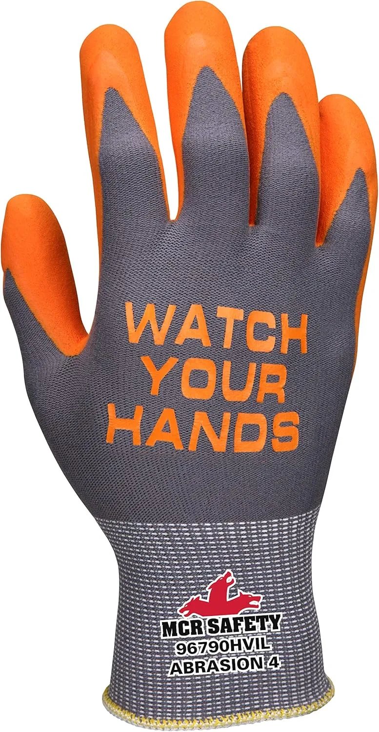 MCR SAFETY 96790HVI 15-Gauge Nylon Nitrile Foam Work Gloves with Watch Your Hands Logo