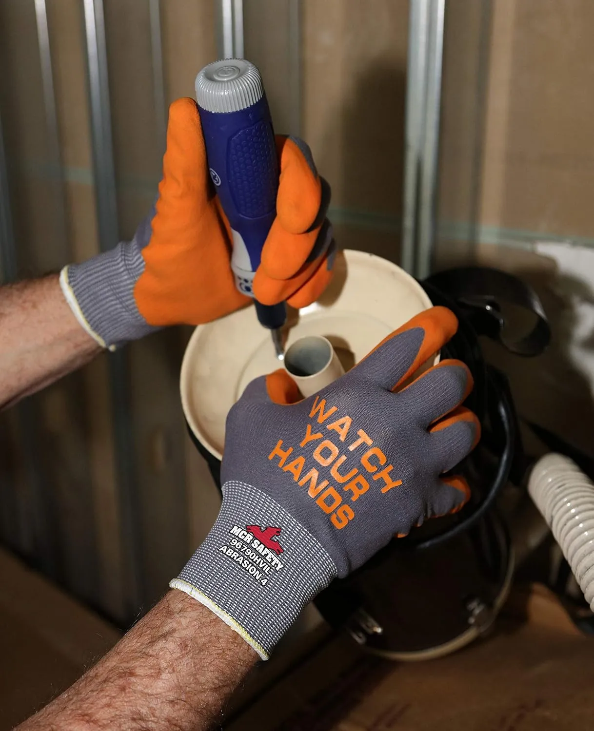 MCR SAFETY 96790HVI 15-Gauge Nylon Nitrile Foam Work Gloves with Watch Your Hands Logo