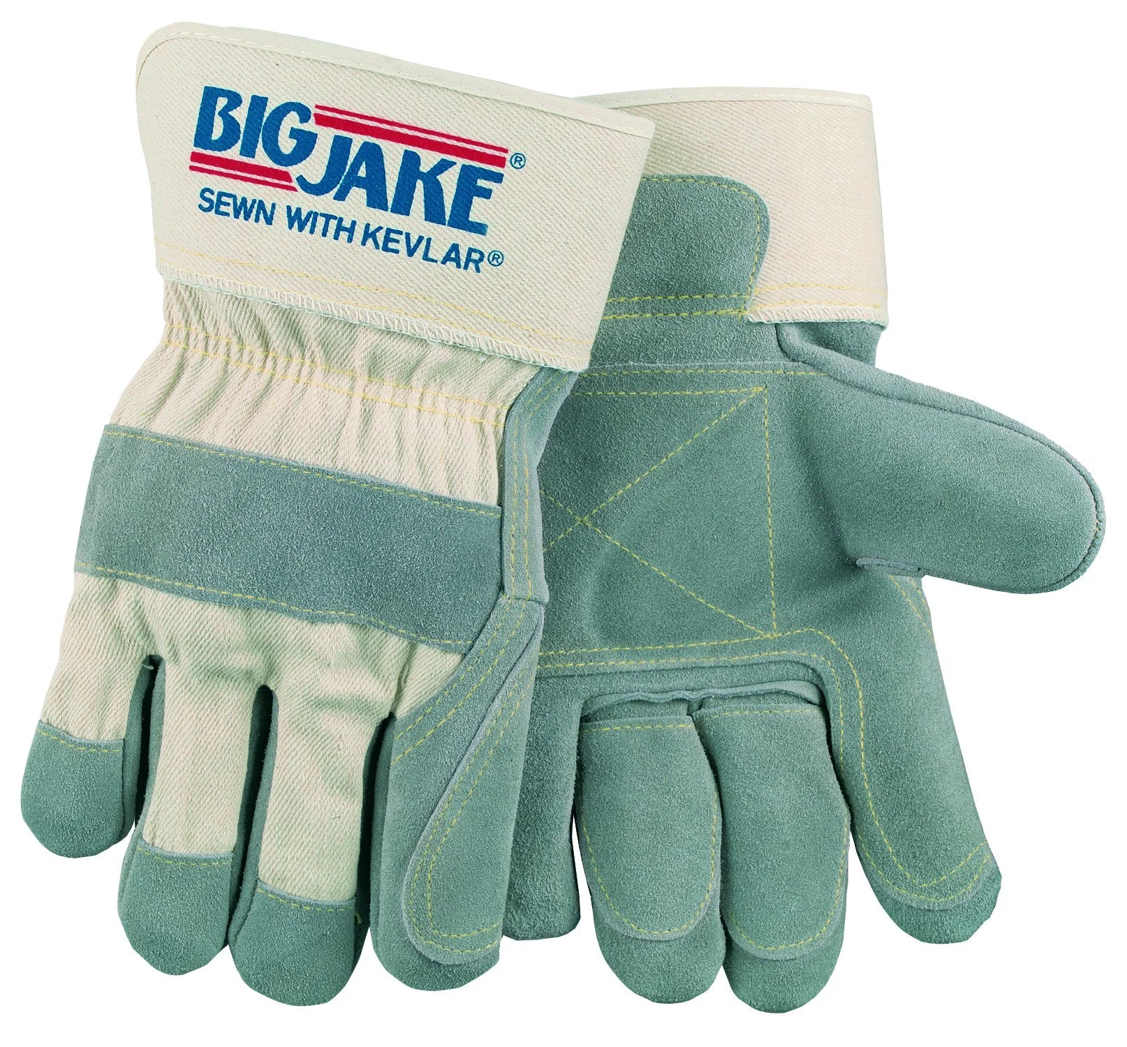 MCR Safety 1715 Big Jake Double Cow Leather Gunn Pattern Gloves with 2-3/4-Inch Safety Cuffs, Natural Pearl/Yellow, XL