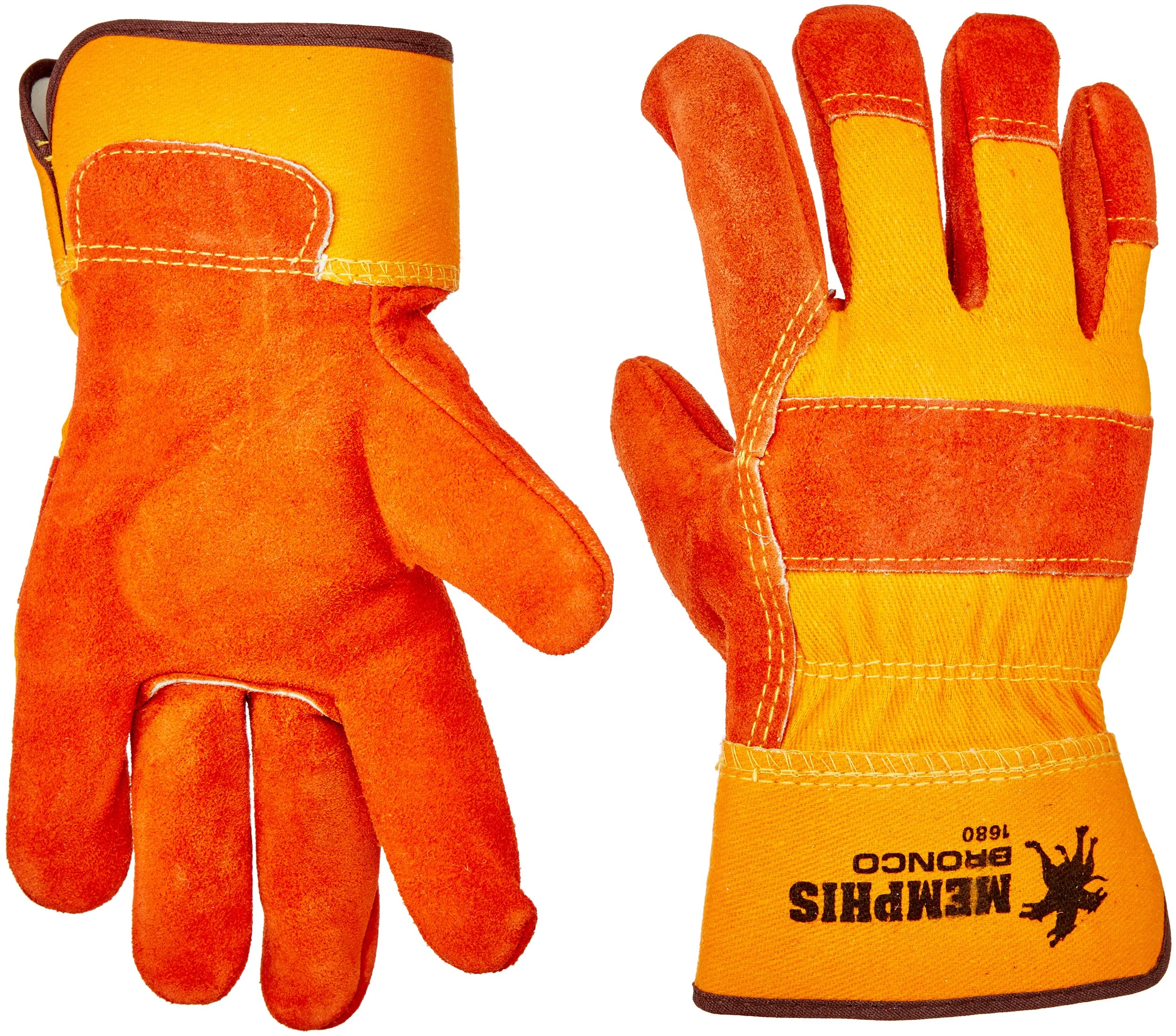 MCR Safety 1680 Bronco Cow Leather Palm Gloves with 2-1/2-Inch Safety Cuff, Russet/Yellow, Large, 1-Pair