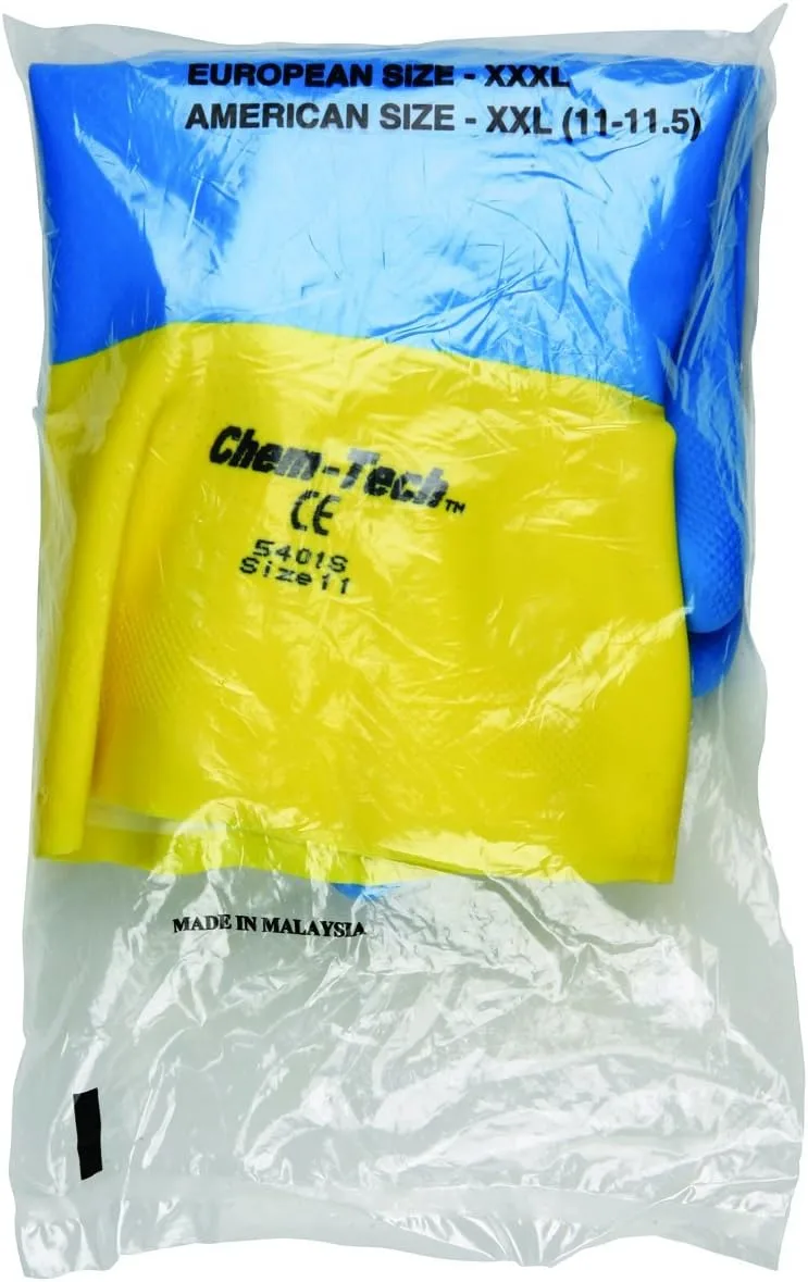 MCR Safety 5401S 11-1/2-Inch Chem-Tech Seamless Nitrile Rubber Gloves with Straight Cuff and Flocked Lining, Blue/Yellow