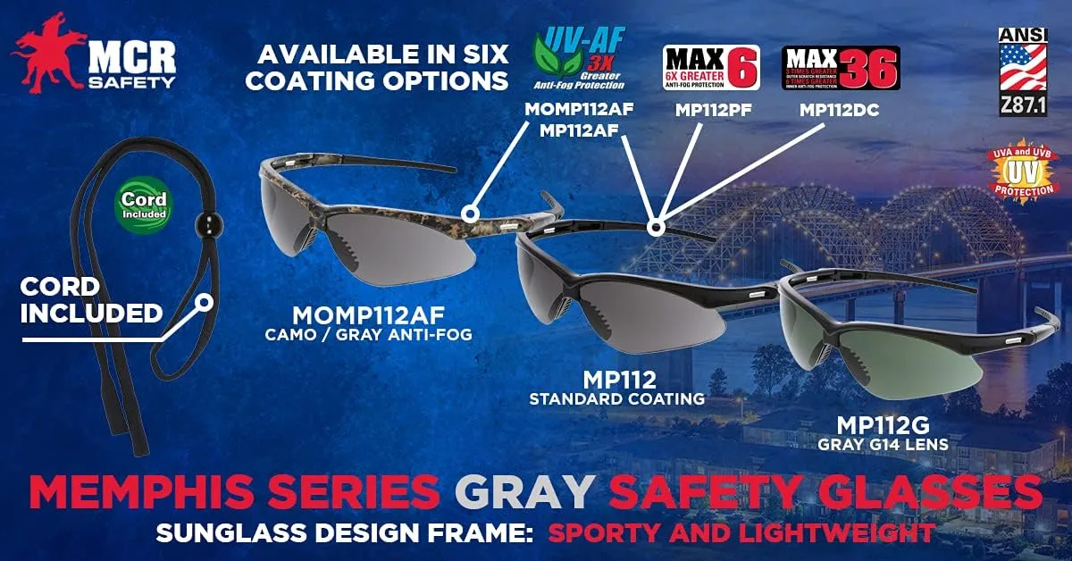 MCR Safety Glasses MP112 Memphis Series Gray Lens with Blue Light and UV Protection and Scratch Resistant Coating