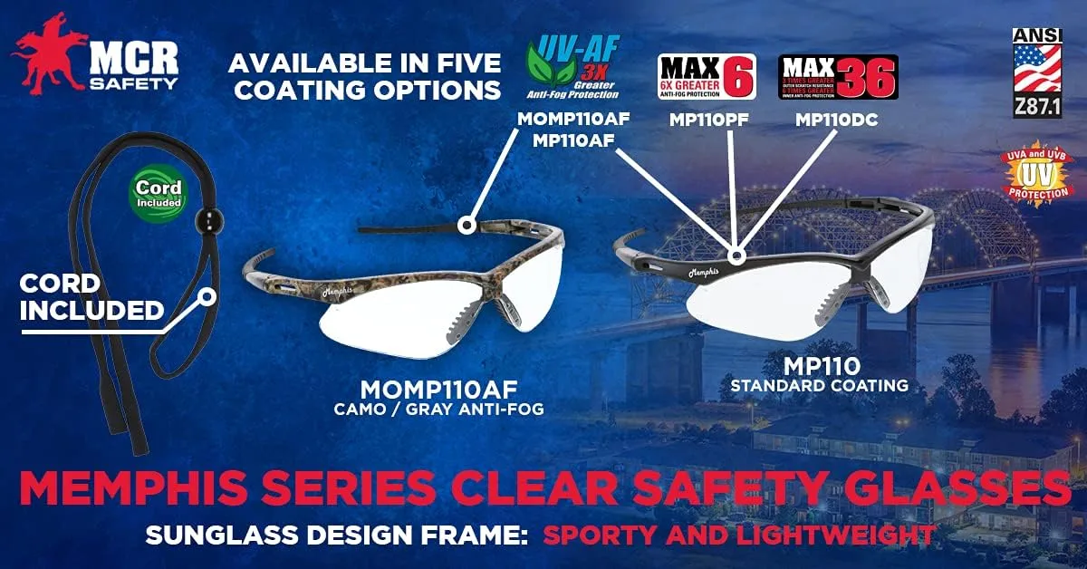MCR Safety Glasses MP110 Clear Polycarbonate Lenses with UV Protection & Scratch Resistant Coating, Black Frame, 1 Pair