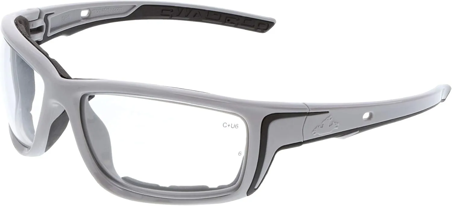 MCR Safety Glasses SR520PF Swagger SR5 Work Glasses, Clear Lens with MAX6 and Anti-Fog Coating, Foam Lined, Gray Frame