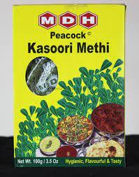 100g MDH Kasoori Methi (Peacock Brand), dried fenugreek leaves used as a finishing herb