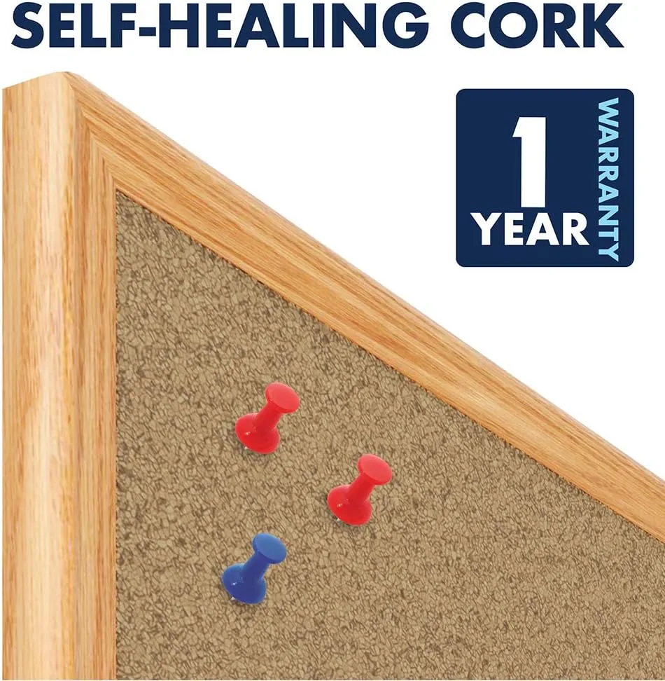 Mead Cork Bulletin Board, Framed Corkboard, 4' x 3', Oak Finish Frame (85367)