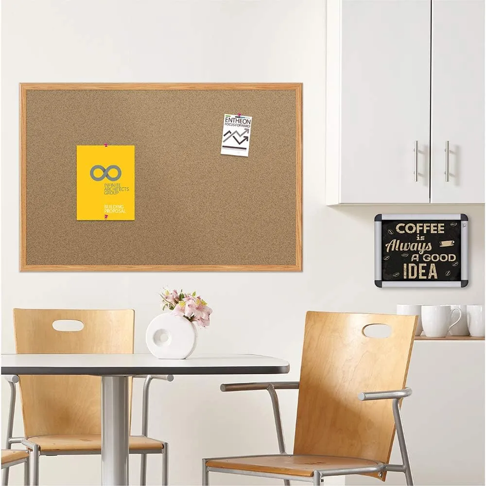 Mead Cork Bulletin Board, Framed Corkboard, 4' x 3', Oak Finish Frame (85367)