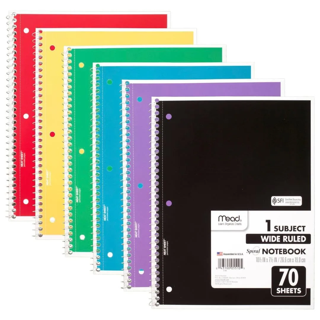 Mead Spiral Notebooks, 6 Pack, 1 Subject, Wide Ruled, 7-1/2" x 10-1/2", 70 Sheets