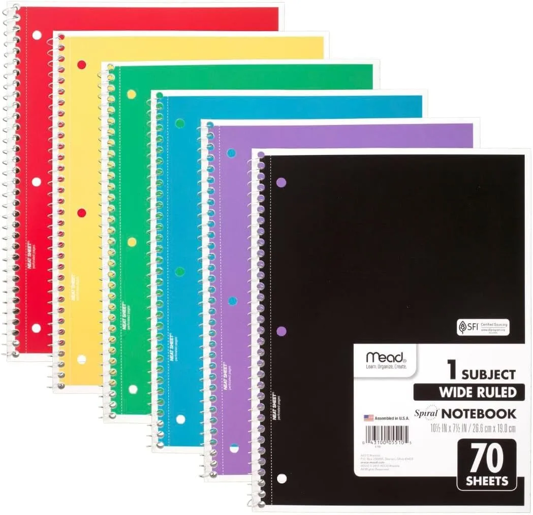 Mead Spiral Notebooks, 6 Pack, 1 Subject, Wide Ruled, 7-1/2" x 10-1/2", 70 Sheets