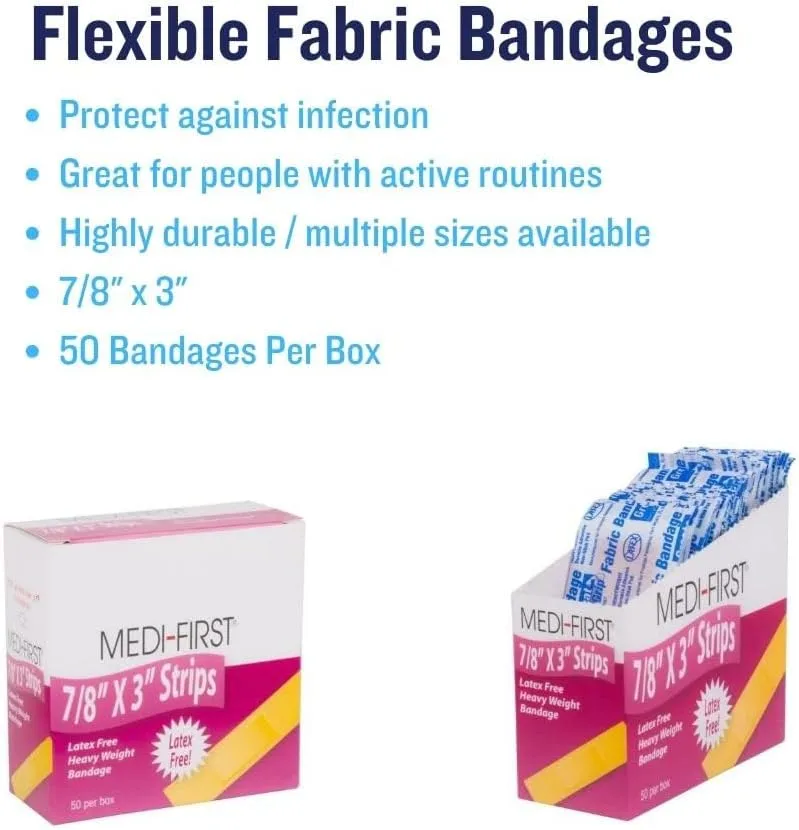 Medique Products 61450 Extra Heavy Weight Latex Free Flexible Woven Strip Bandages, 7/8-Inch by 3-Inch, 50 Per Box 7/8" x 3"