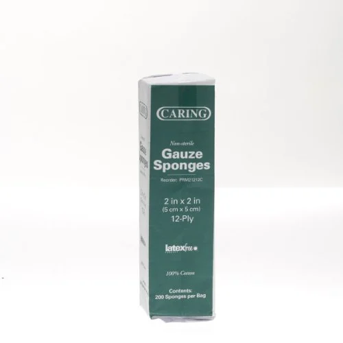 Medline CARING Woven Non-Sterile Gauze Sponges, 12-Ply, 2" x 2", White - Box of 200