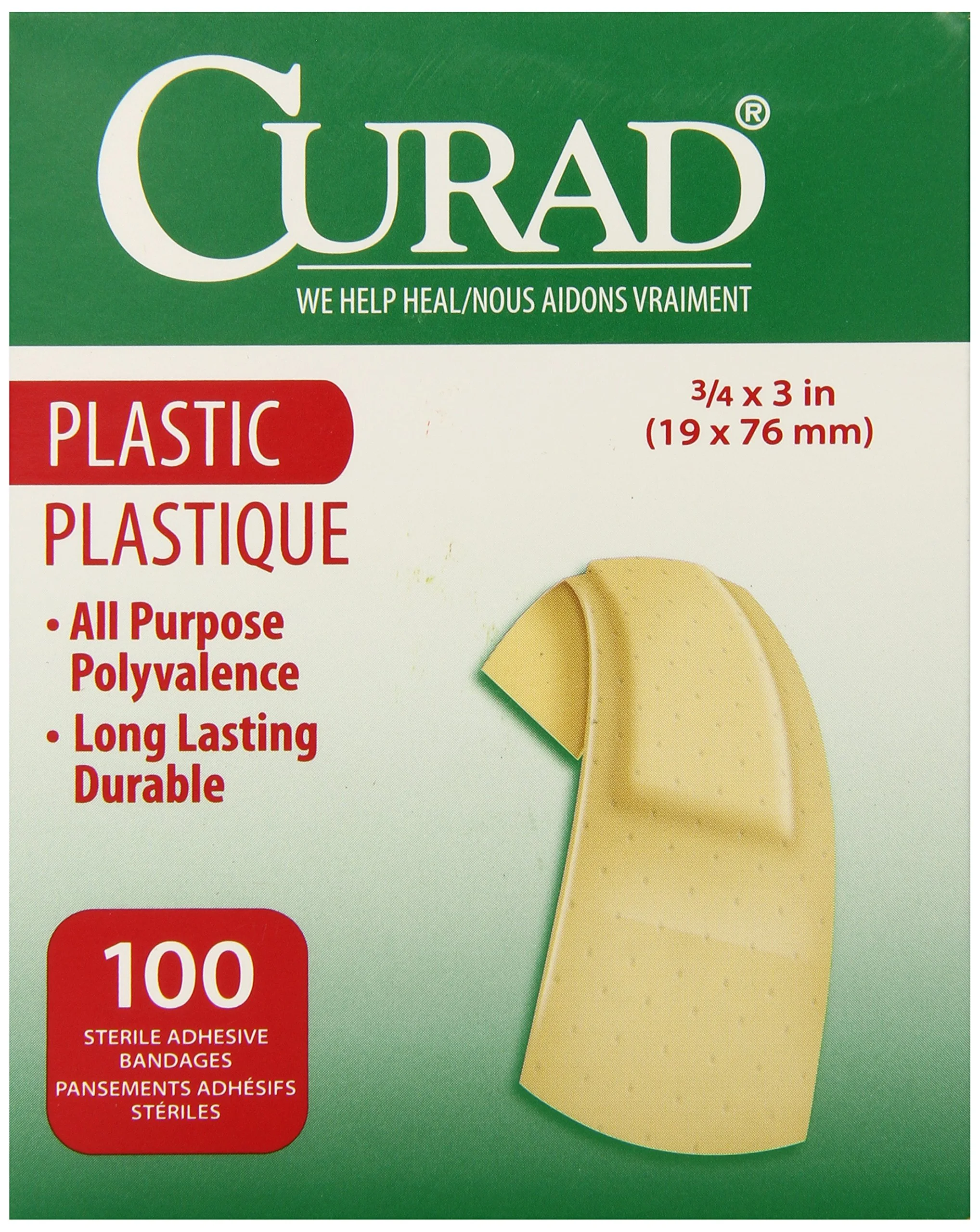 Medline Plastic Adhesive Bandages, 3/4 in x 3 in, 100 Count