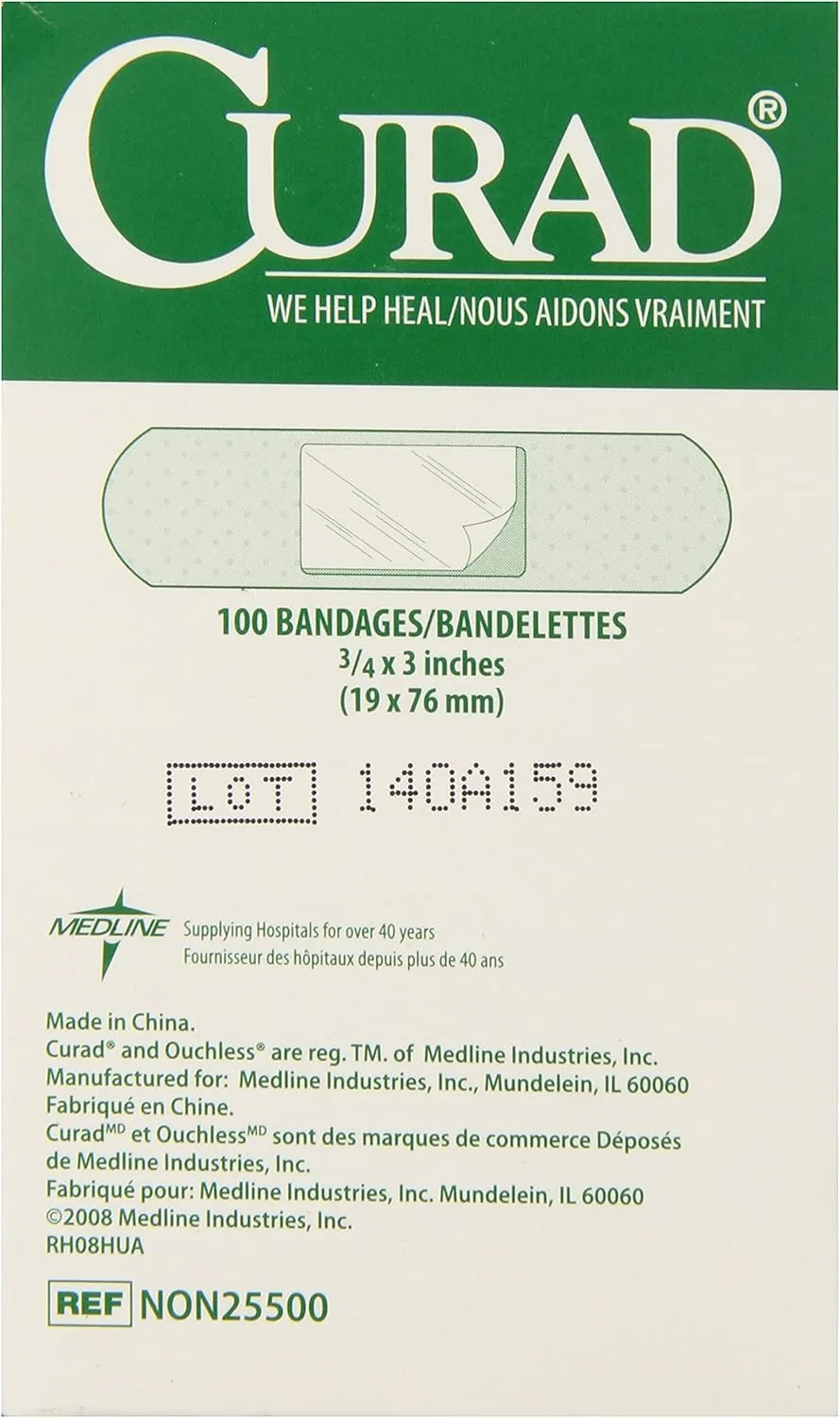 Medline Plastic Adhesive Bandages, 3/4 in x 3 in, 100 Count