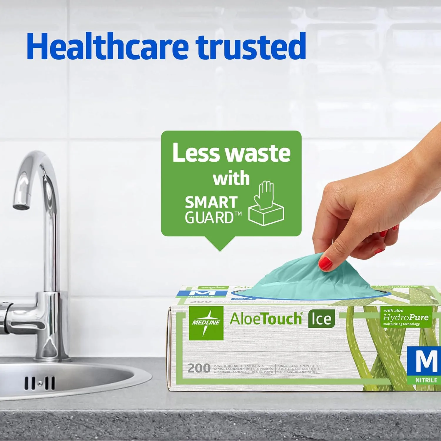 Medline Aloetouch Ice Powder-Free Latex-Free Nitrile Exam Gloves, Green, X-Small, 200 Count