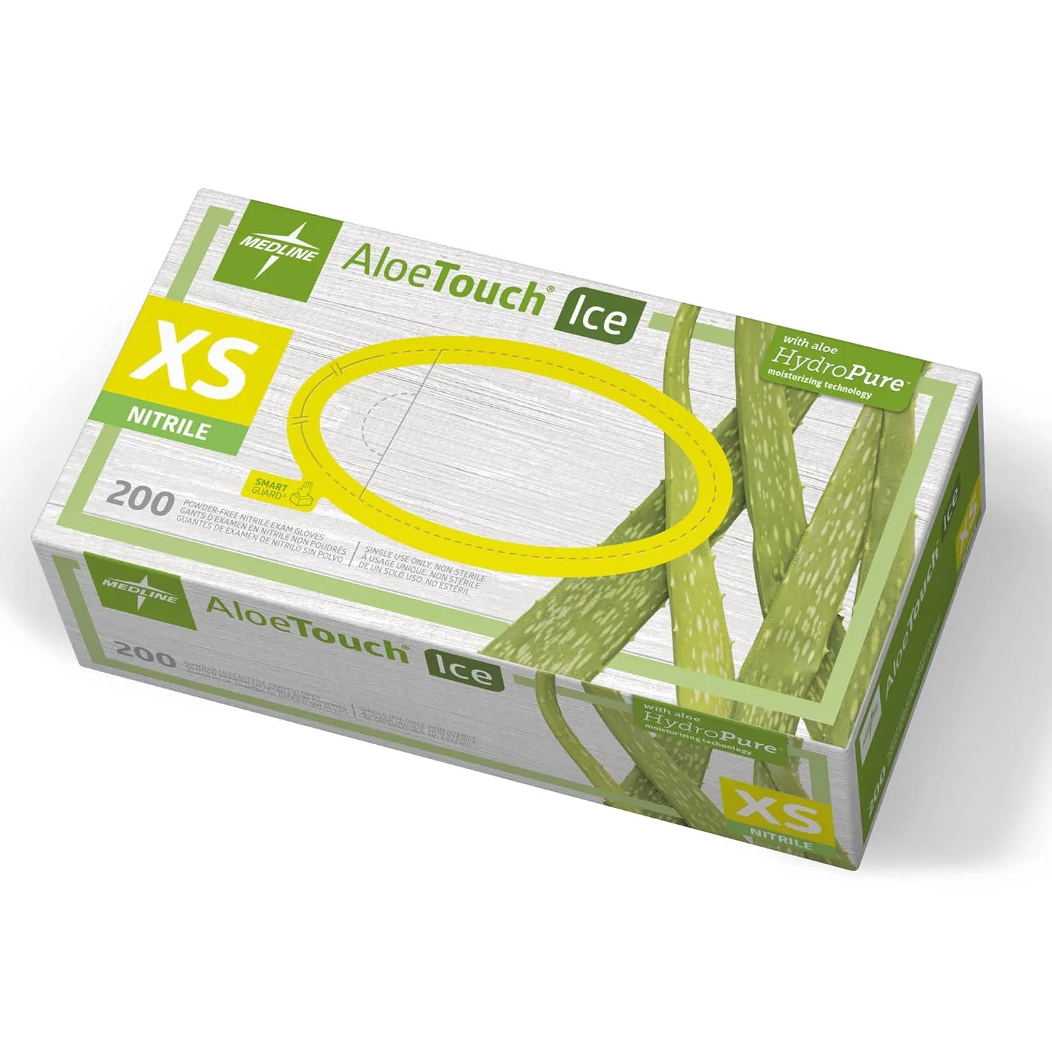 Medline Aloetouch Ice Powder-Free Latex-Free Nitrile Exam Gloves, Green, X-Small, 200 Count