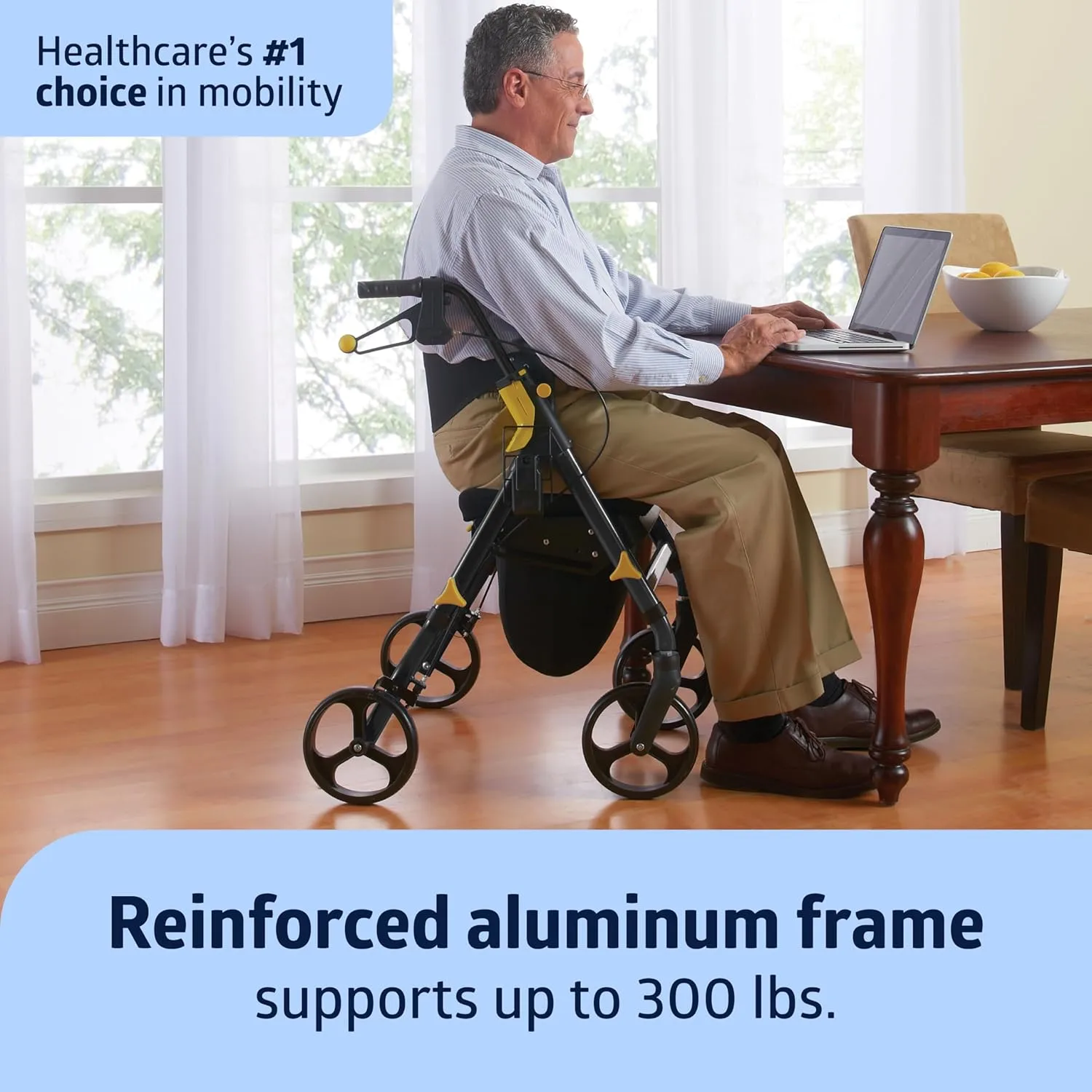 Medline Premium Empower Folding Mobility Rollator Walker with Memory Foam Seat, Black, 300 lb. Weight Capacity, 8” Wheels