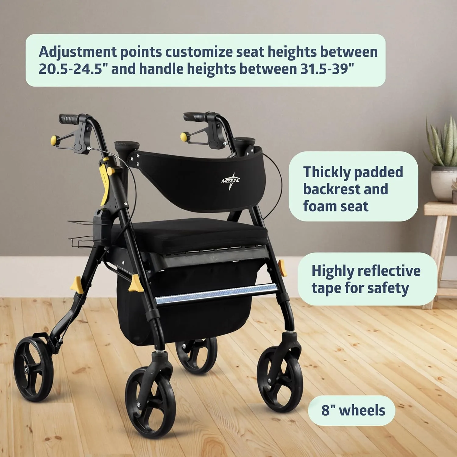 Medline Premium Empower Folding Mobility Rollator Walker with Memory Foam Seat, Black, 300 lb. Weight Capacity, 8” Wheels