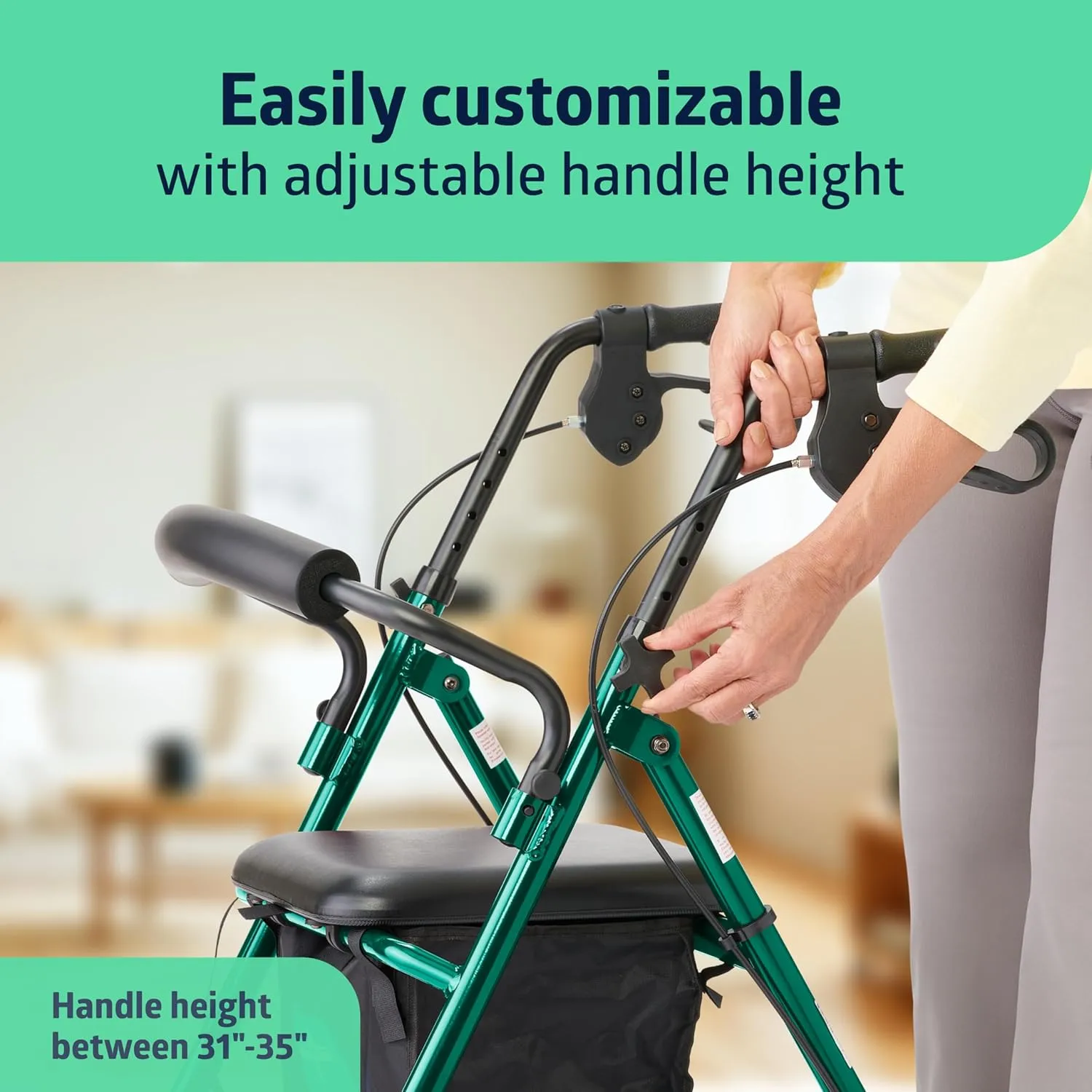 Medline Aluminum Rollator Walker with Seat, Green, 250 Lb. Weight Capacity, Lightweight, 6" Wheels, Foldable