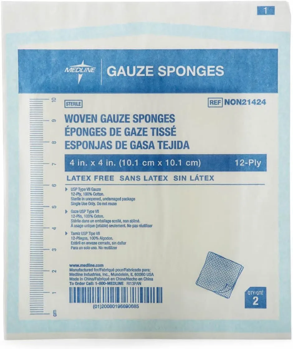 Medline Woven Gauze Sponges, Sterile, 12-Ply, 4 x 4 Inches, Box of 50