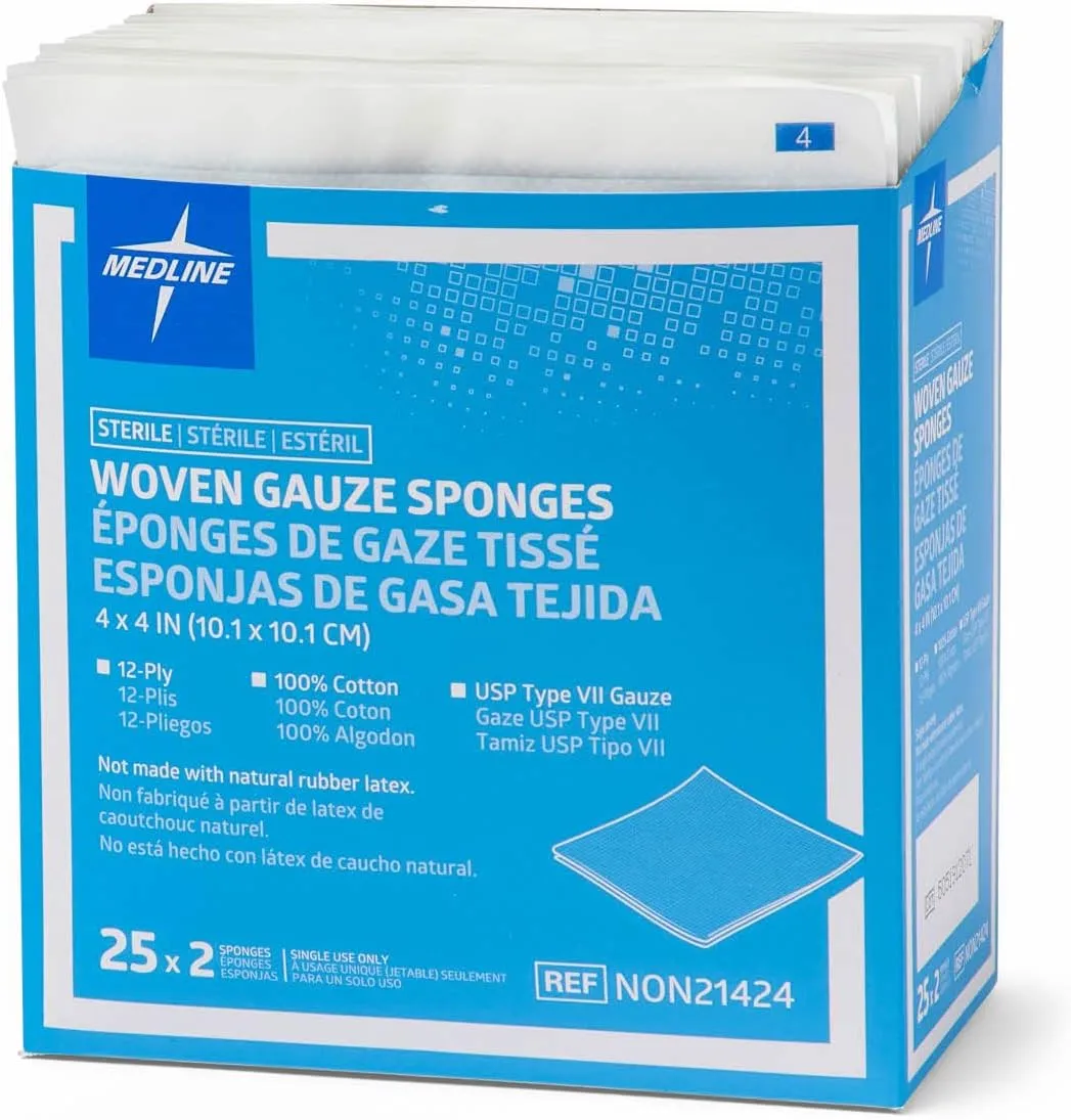 Medline Woven Gauze Sponges, Sterile, 12-Ply, 4 x 4 Inches, Box of 50