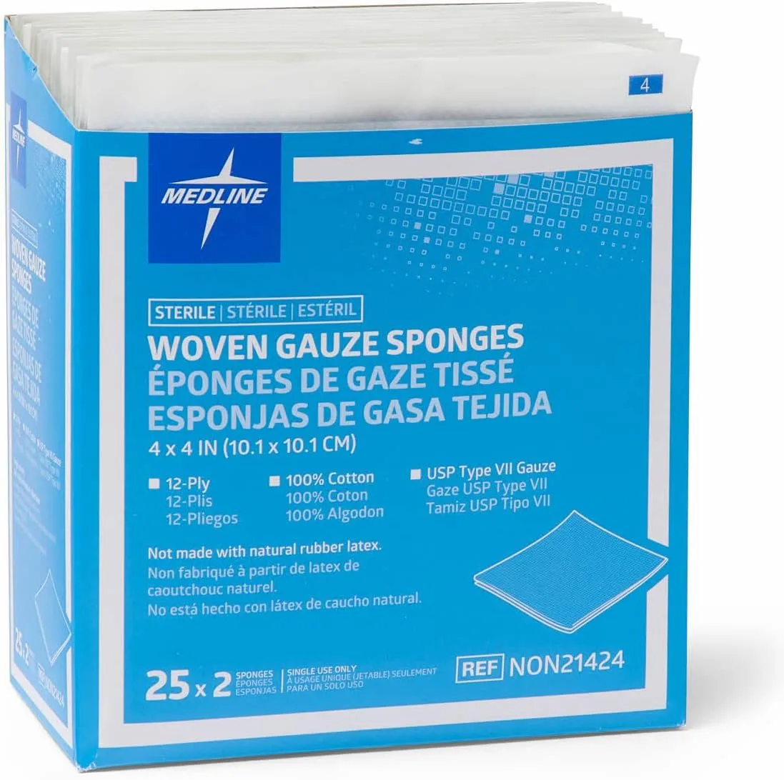 Medline Woven Gauze Sponges, Sterile, 12-Ply, 4 x 4 Inches, Box of 50