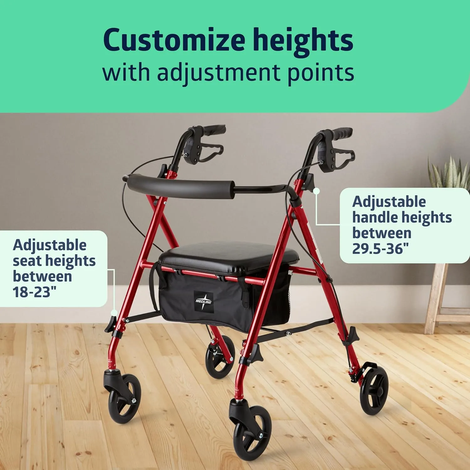 Medline Superlight Folding Aluminum Mobility Rollator Walker, Red, 250 lb. Weight Capacity, 6" Wheels