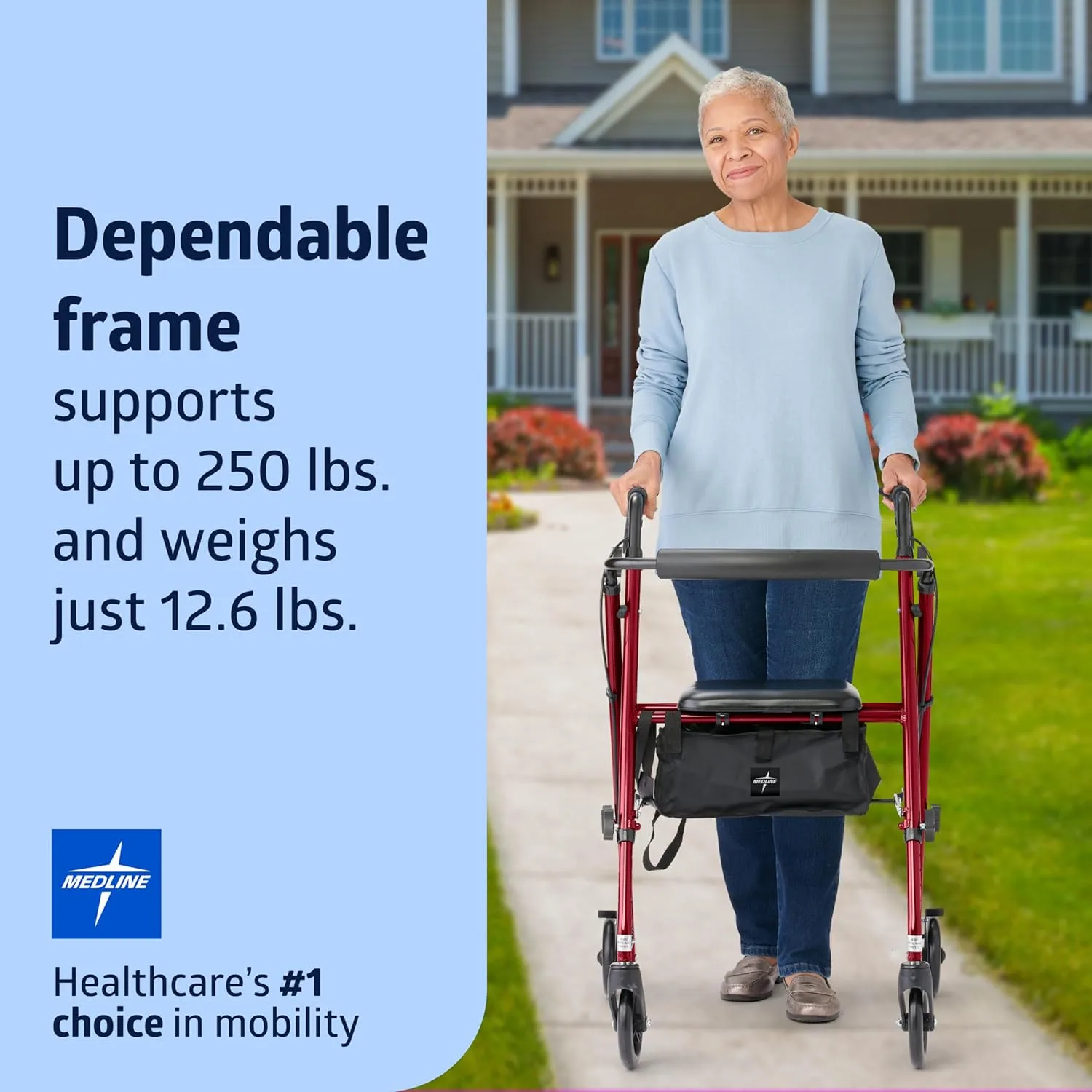 Medline Superlight Folding Aluminum Mobility Rollator Walker, Red, 250 lb. Weight Capacity, 6" Wheels