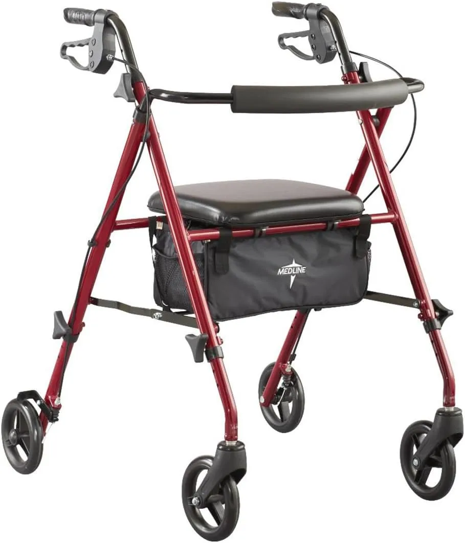 Medline Superlight Folding Aluminum Mobility Rollator Walker, Red, 250 lb. Weight Capacity, 6" Wheels