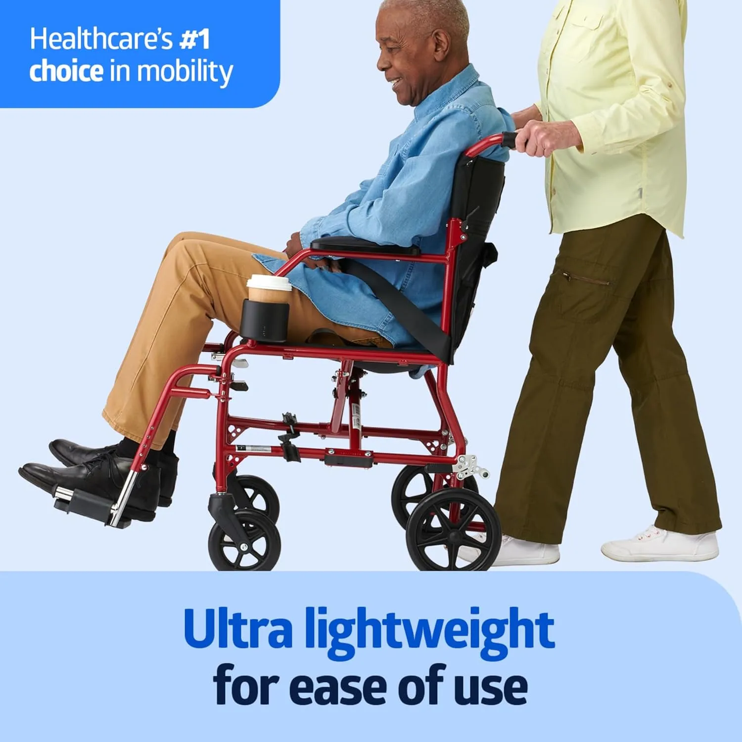 Medline Ultra Lightweight Transport Wheelchair for Adults, Foldable, 19-Inch Seat Width, Red Frame