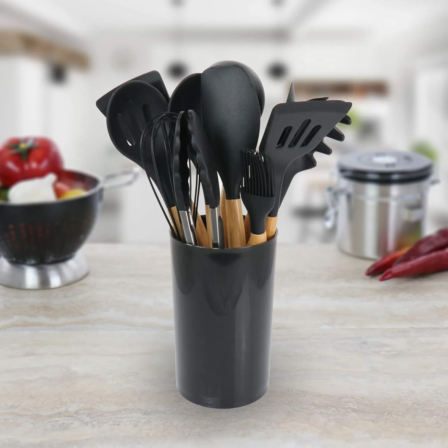 MegaChef Tool Wooden Cookware Utensil Set, 12 Piece, Black and Wood Texture