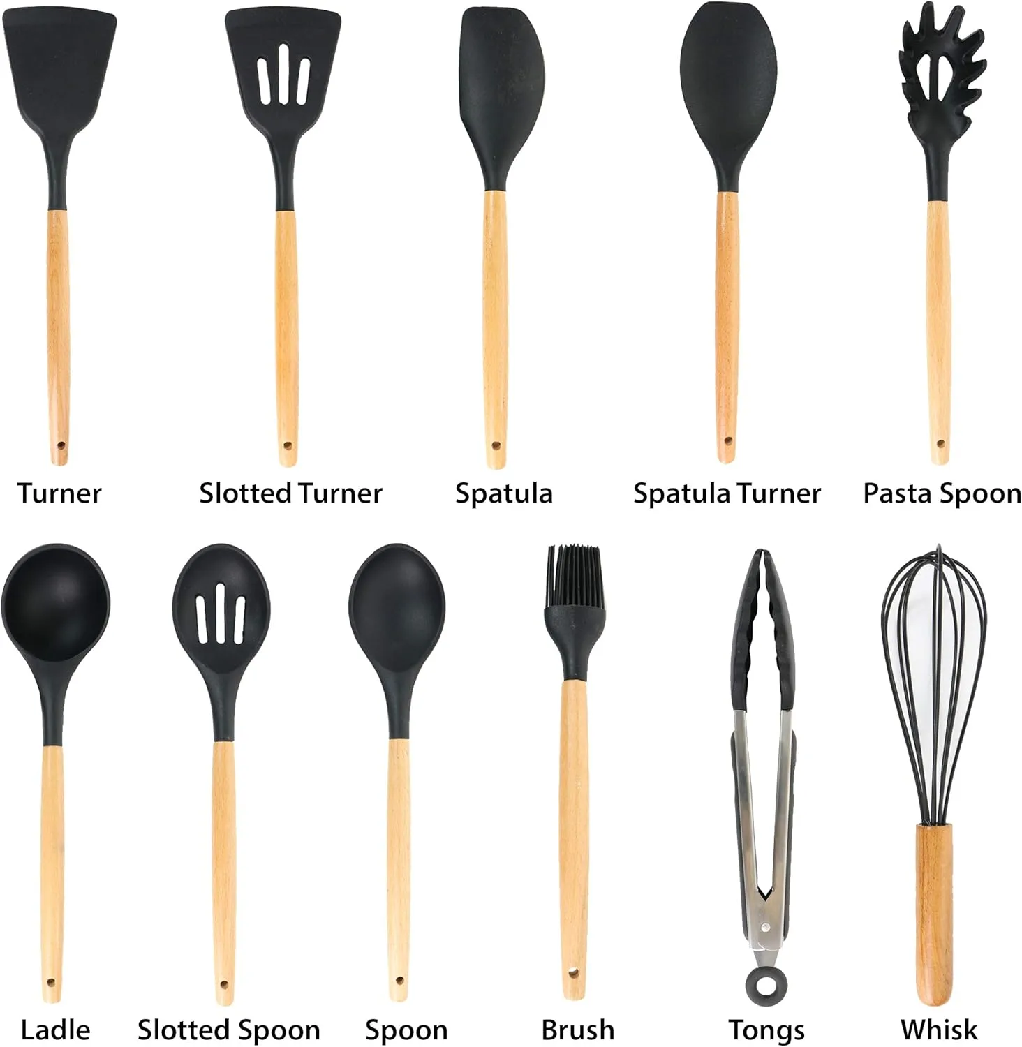 MegaChef Tool Wooden Cookware Utensil Set, 12 Piece, Black and Wood Texture