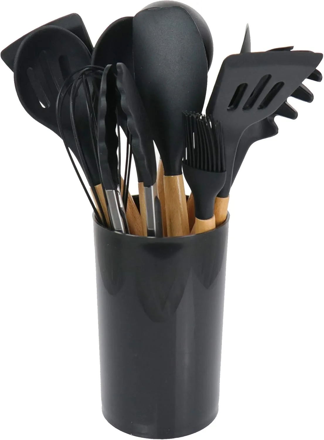 MegaChef Tool Wooden Cookware Utensil Set, 12 Piece, Black and Wood Texture
