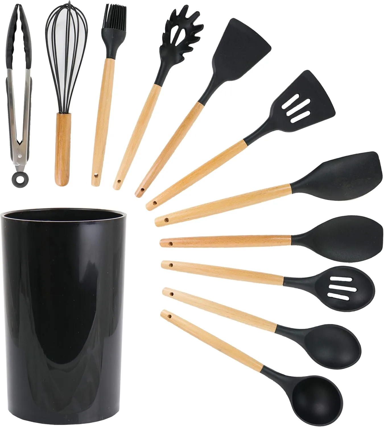 MegaChef Tool Wooden Cookware Utensil Set, 12 Piece, Black and Wood Texture
