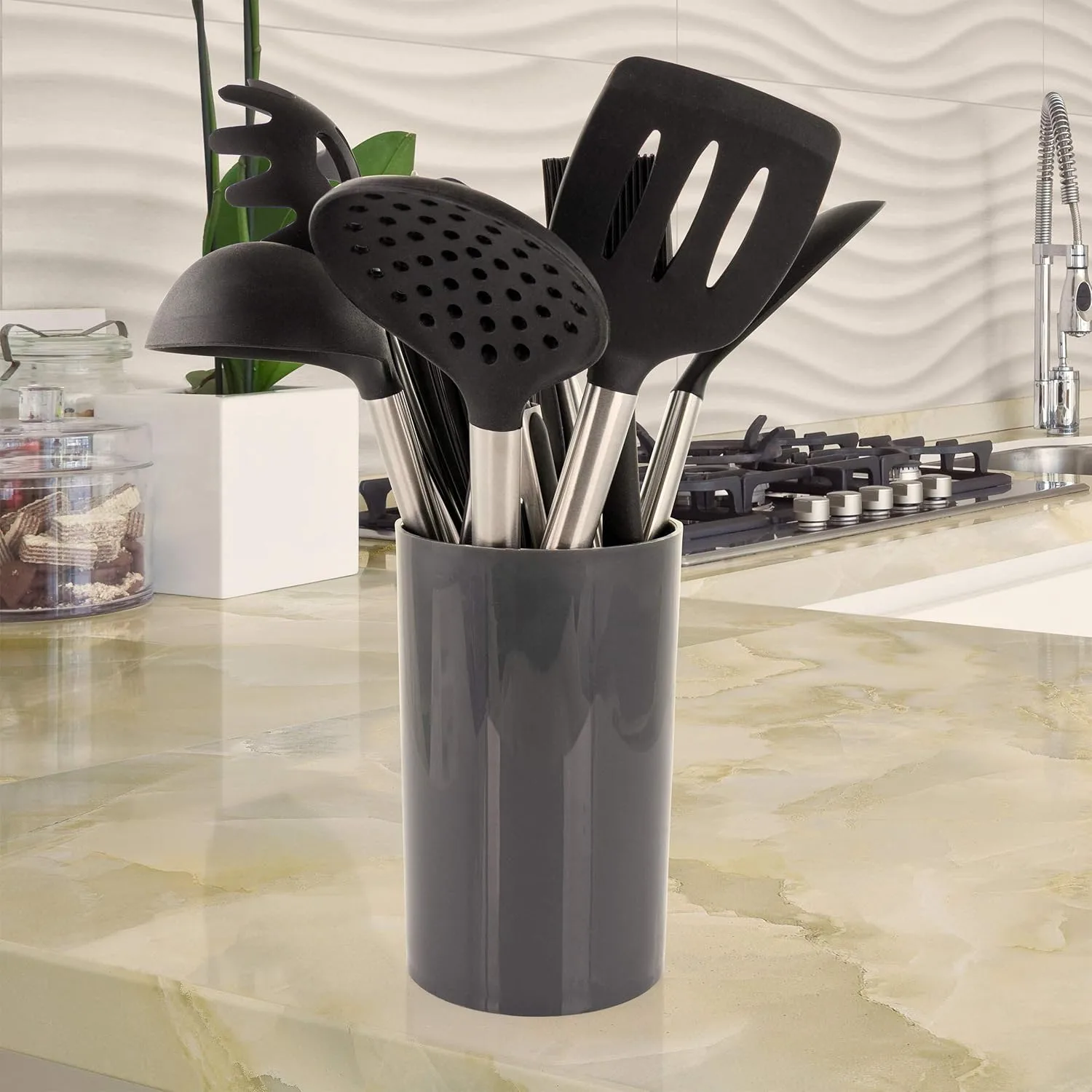 MegaChef Tool Black Utensil Set, 14 Piece, Gray and Stainless Steel