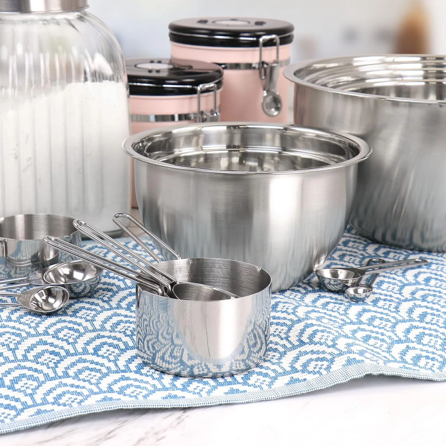 MegaChef 14 Piece Stainless Steel Measuring Cup and Spoon Set with Mixing Bowls, Silver