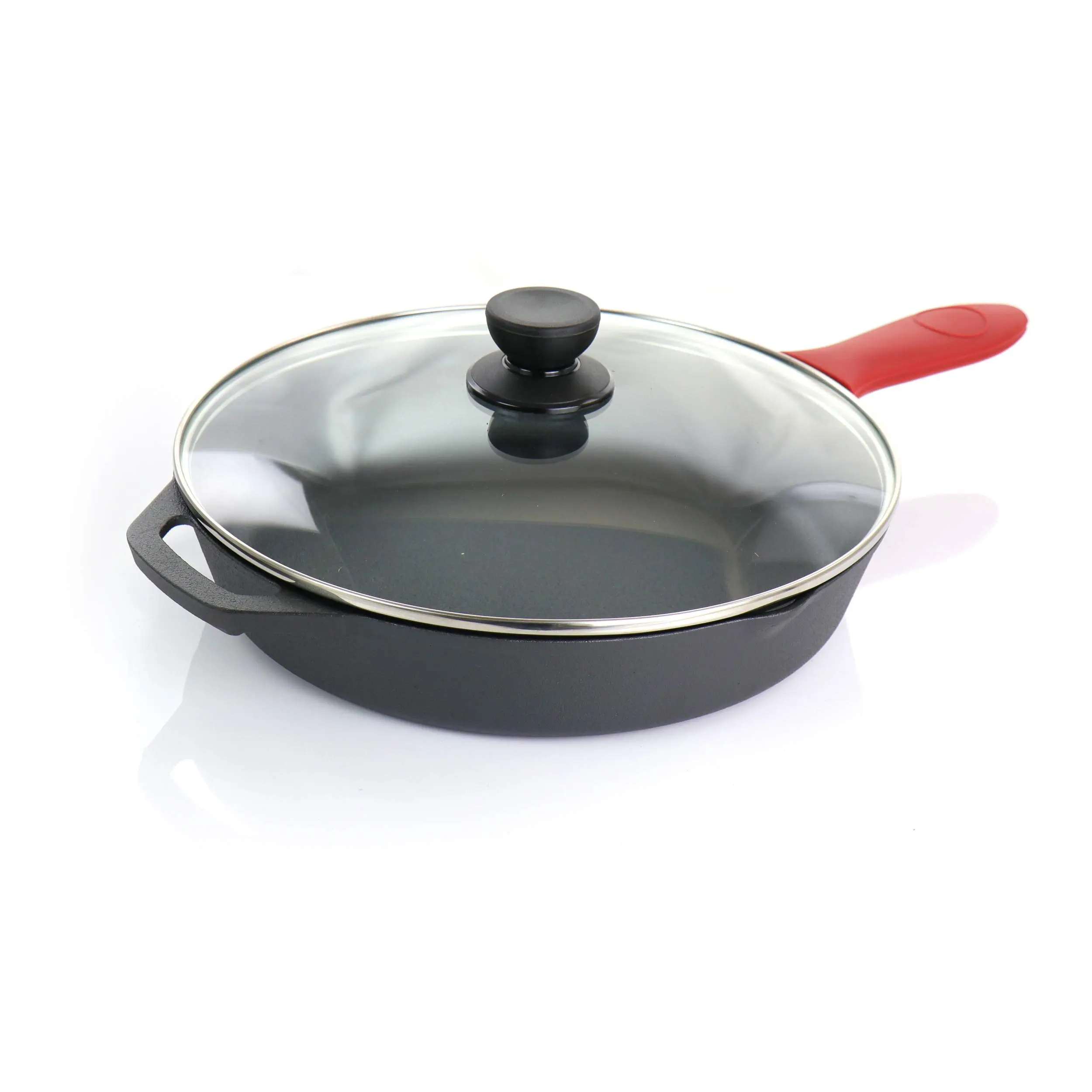 MegaChef Skillets with Lids Pre-Seasoned, 9 Piece Set, Black, Red
