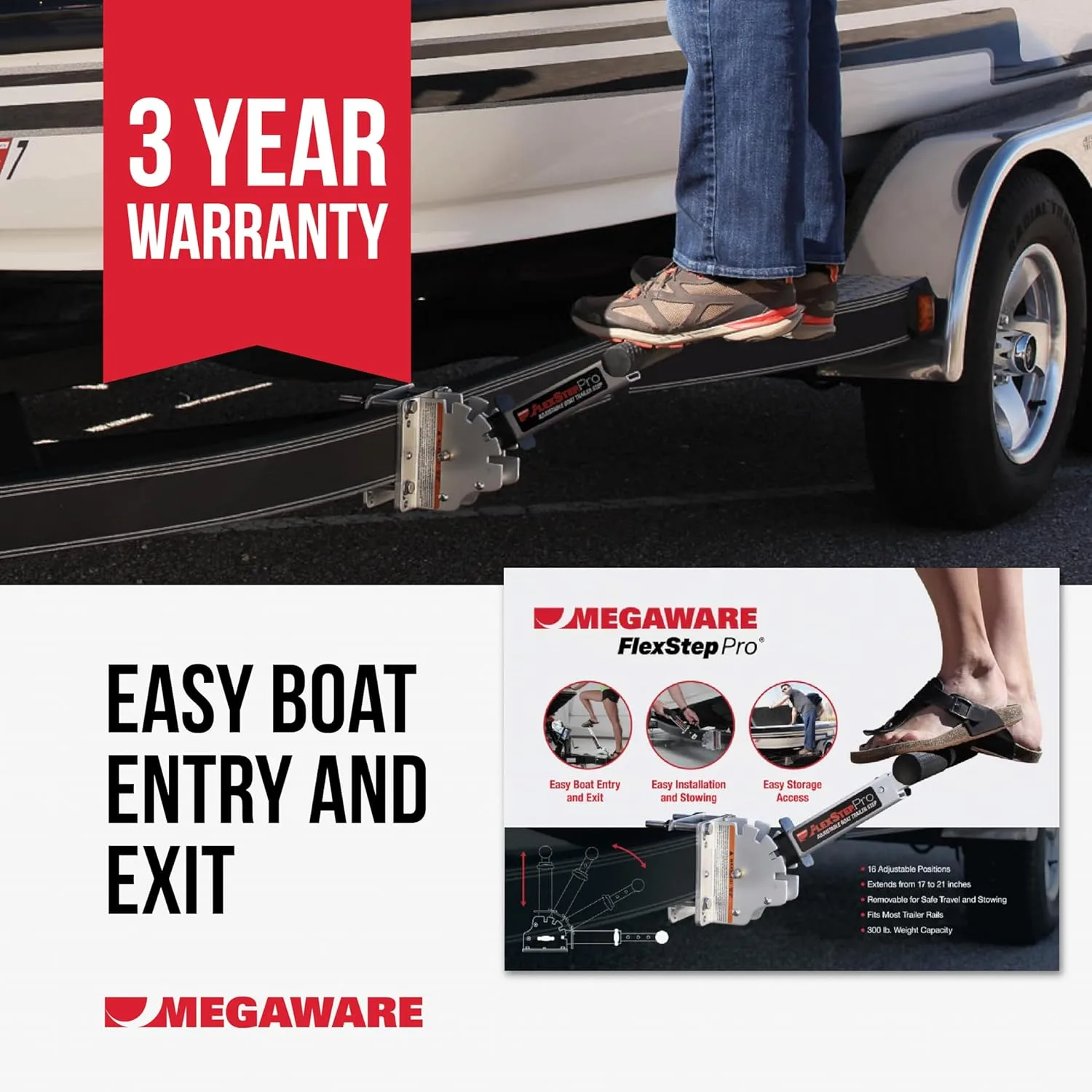 Megaware FlexStep Pro Adjustable Boat Trailer Step - Easy to Attach - Provides Additional Access Point
