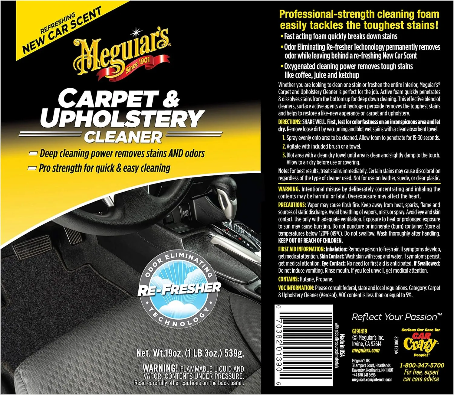 Meguiar's Carpet & Upholstery Cleaner - Spray, Pro-Strength Spot Cleaner for Carpet & Upholstery,Fights Odors, New Car Scent