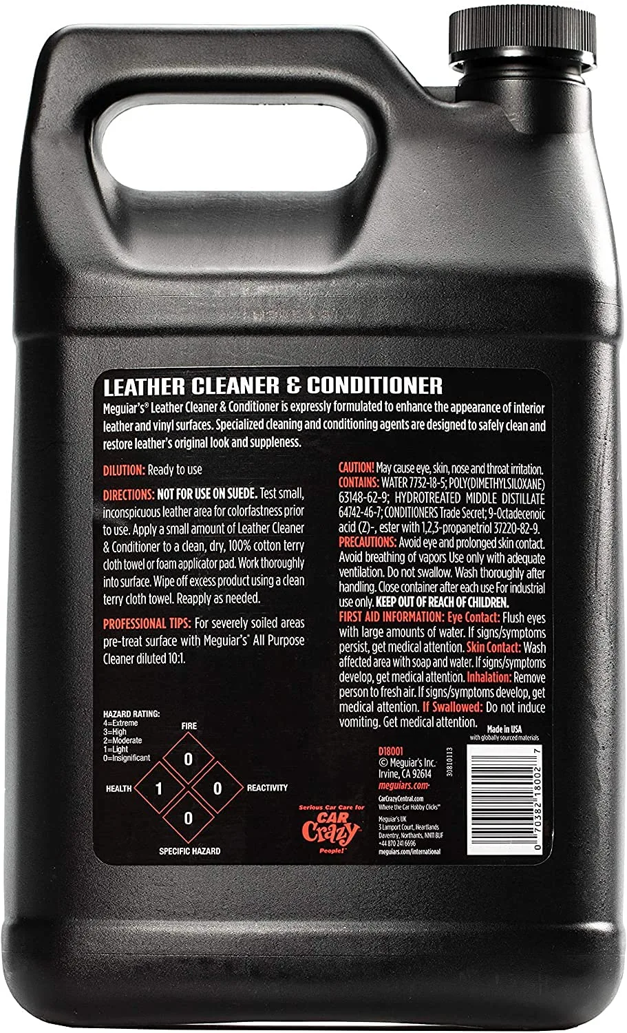 Meguiar’s Professional Leather Cleaner & Conditioner D18001 - 1 Gallon Leather Cleaner & Conditioner Specifically Formulated