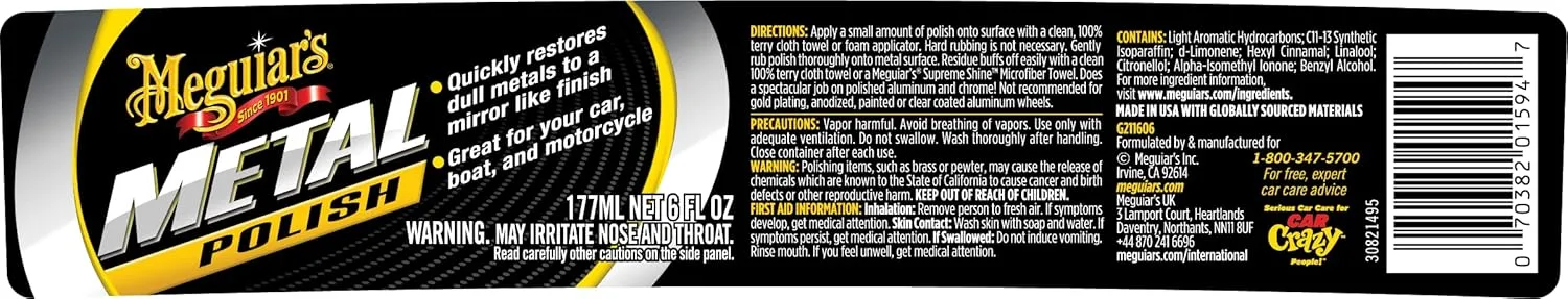Meguiar's G211606 Metal Polish, Safe for All Uncoated Metals, Removes Stains and Swirls for a Quick and Easy Clean